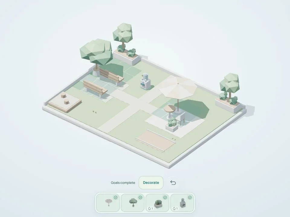 Cool Places miniature park with trees, shaded benches and drinking water
