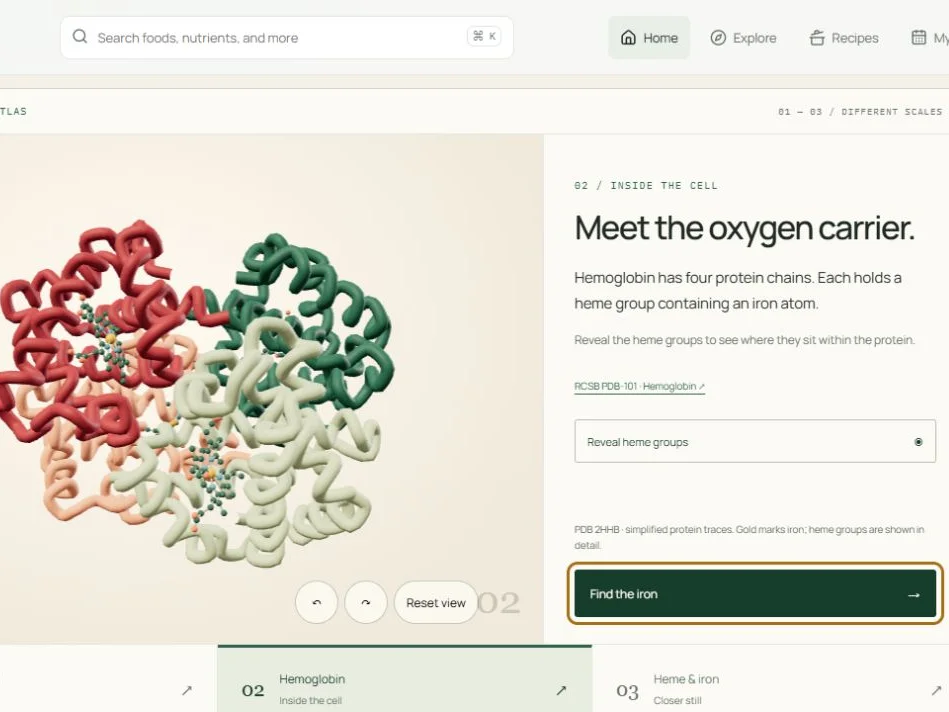 Nutrition Atlas interactive hemoglobin model with an explanation and source link