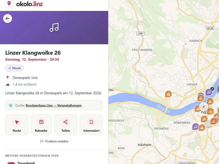 Okolo map with an open event and its details