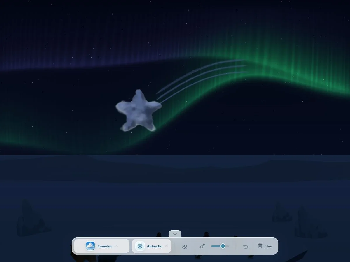 A star-shaped cloud drifting under the northern lights in Paint Clouds