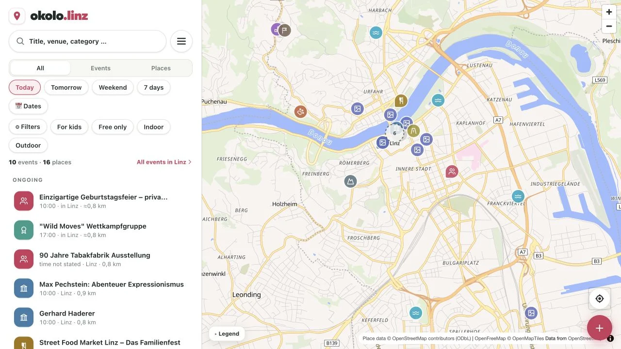 Okolo’s event discovery map showing Linz and its surrounding neighbourhoods