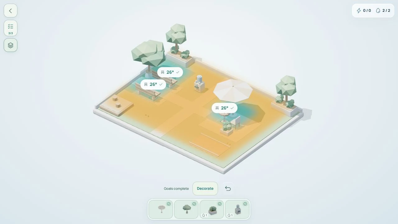 Park puzzle with heat overlays and comfortable shaded seats