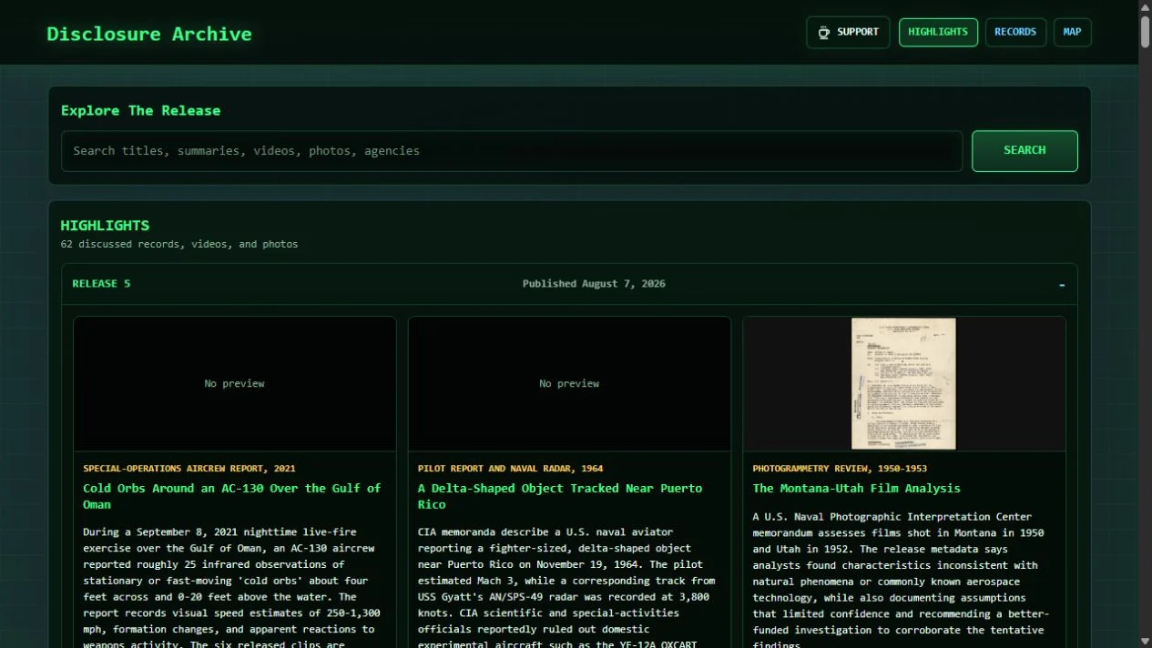 Disclosure Archive homepage with search and release highlights