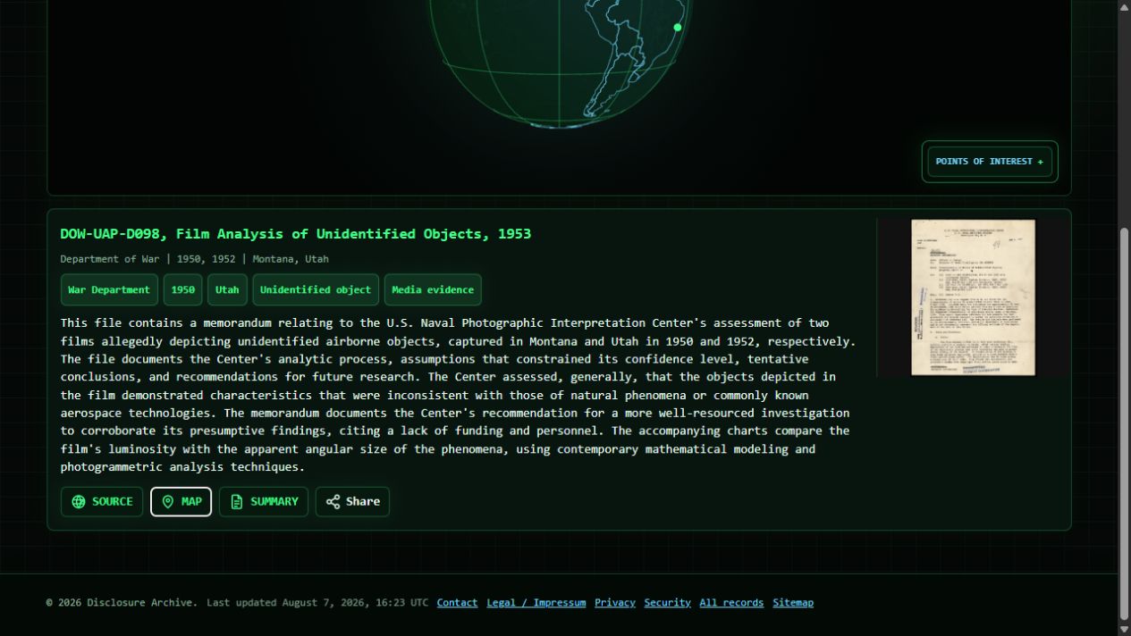 Disclosure Archive record DOW-UAP-D098 with metadata, document preview and government source action