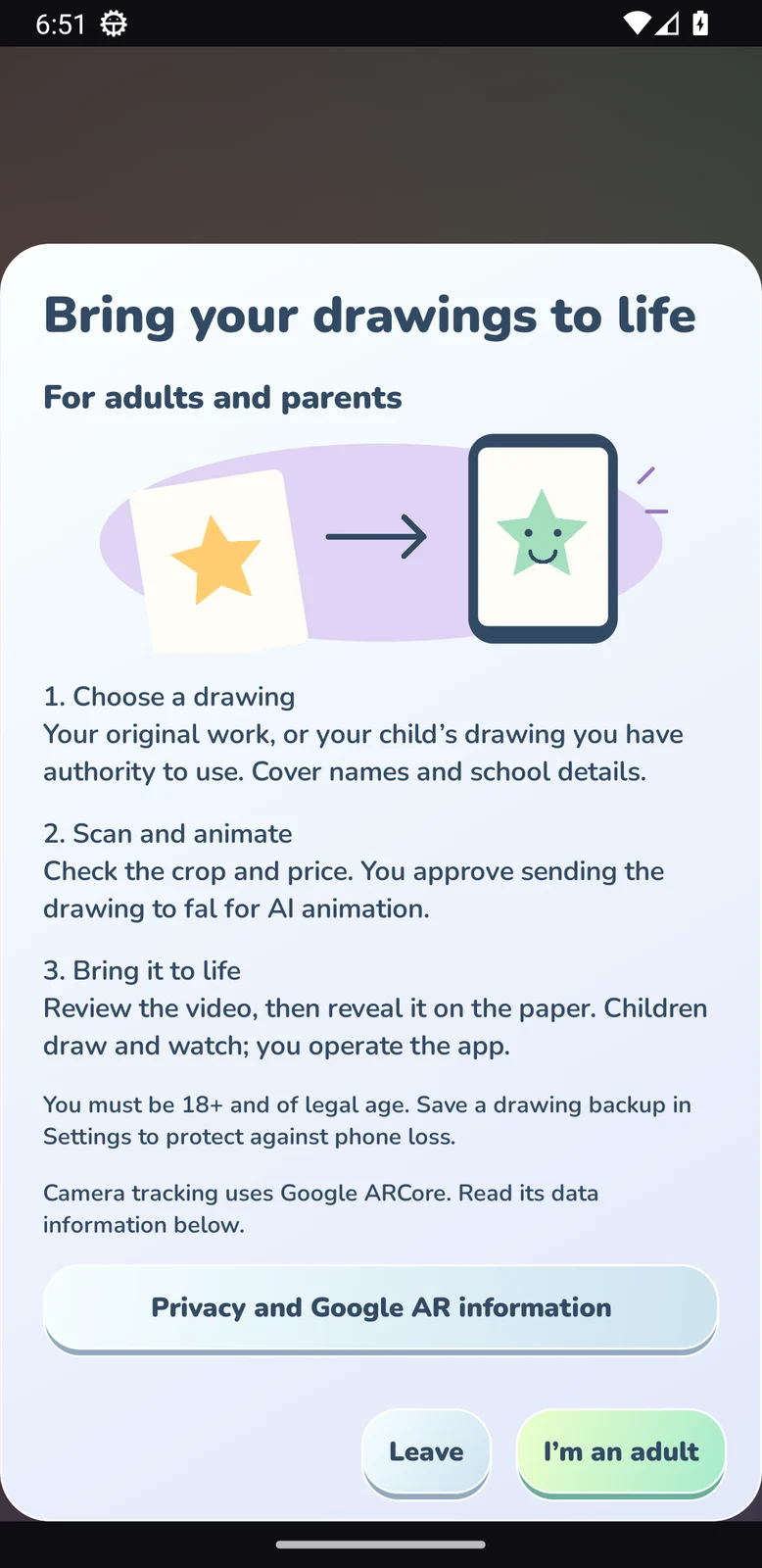 Living Pages Android introduction explaining how to choose, animate and reveal a drawing
