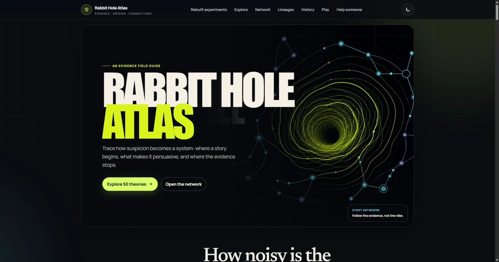 Rabbit Hole Atlas homepage with its complete title and interactive spiral graphic