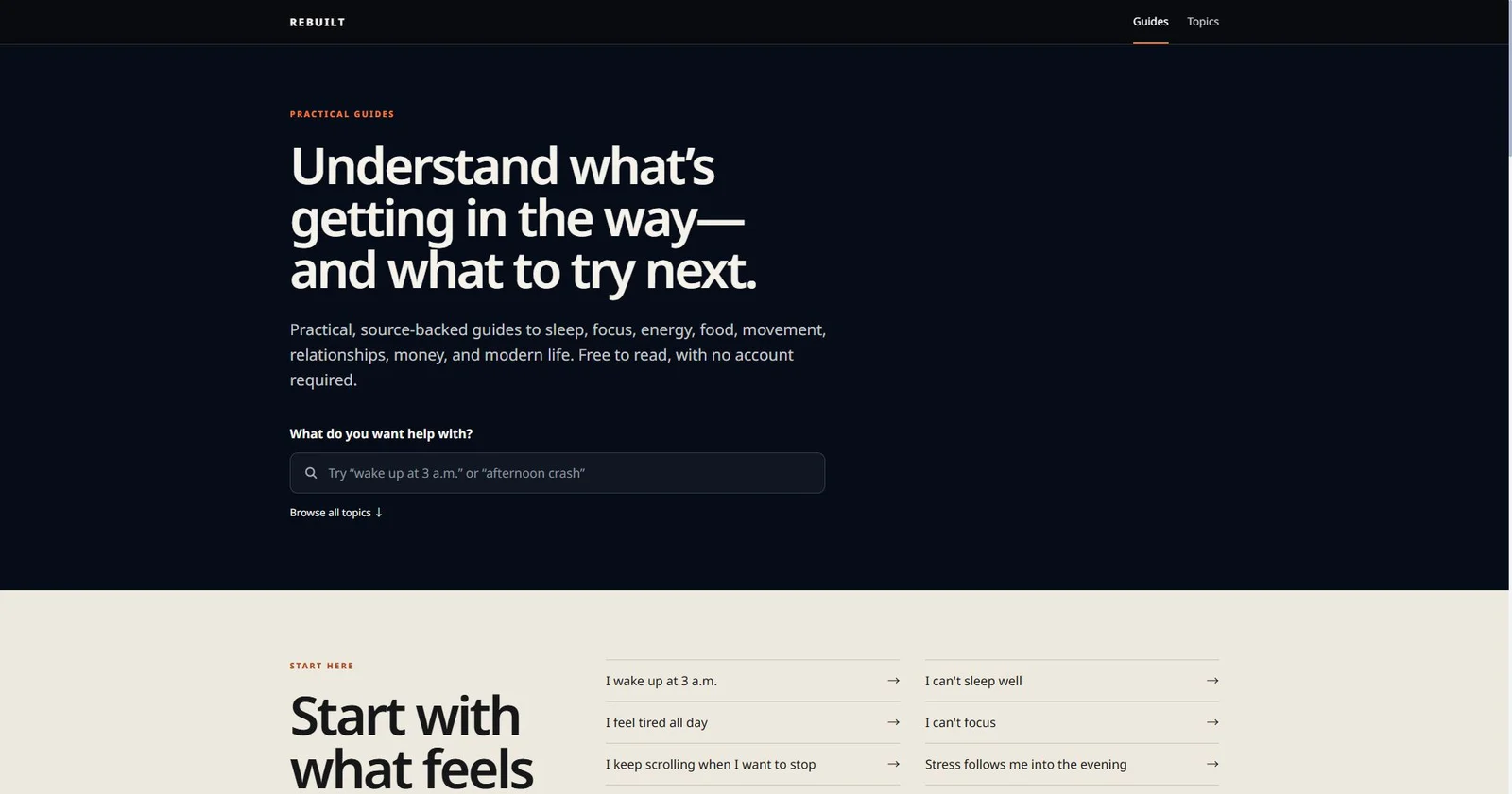 Rebuilt public guide homepage with topic search and everyday questions