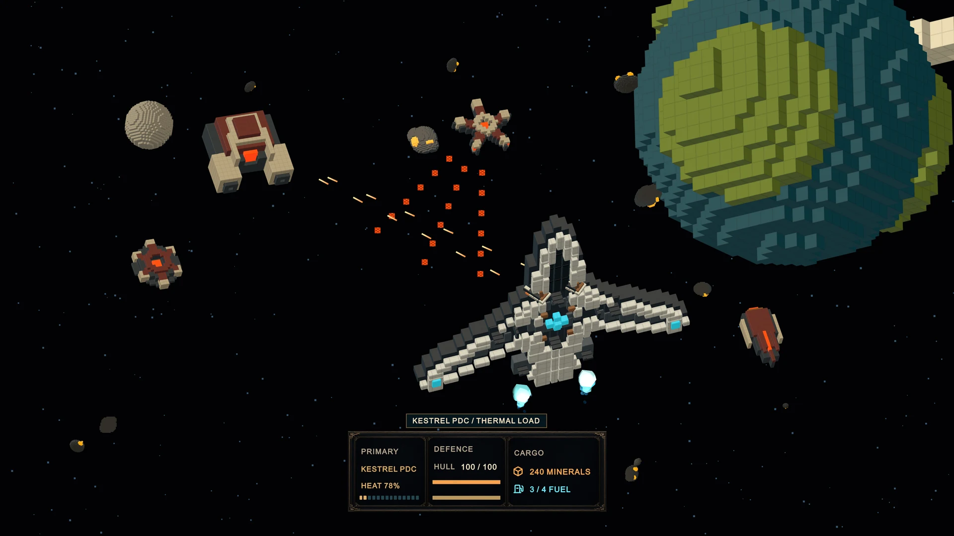 Kestrel combat composition with heat, hull and cargo telemetry