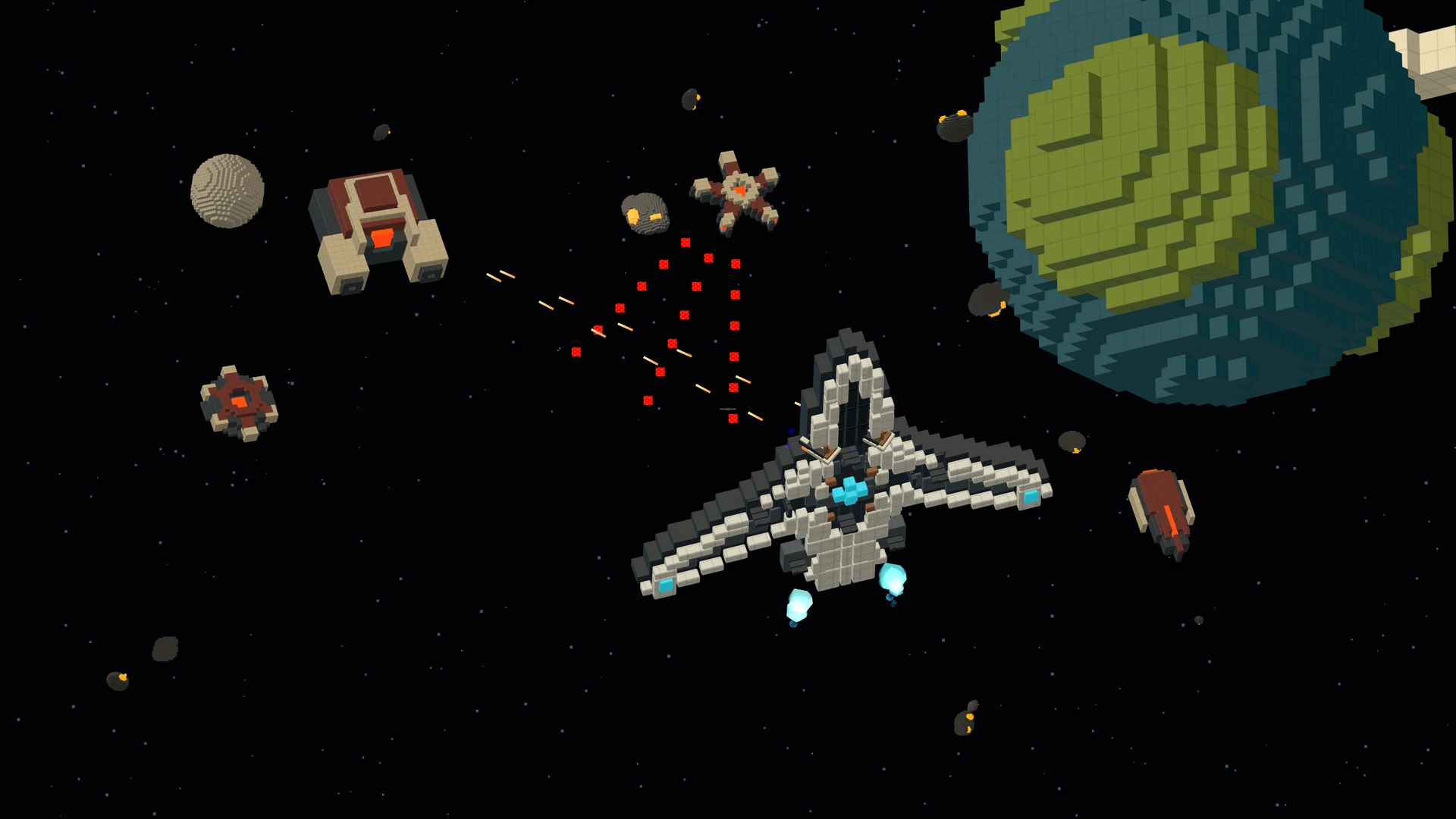 Vanguard firing between enemy ships and an incoming projectile fan