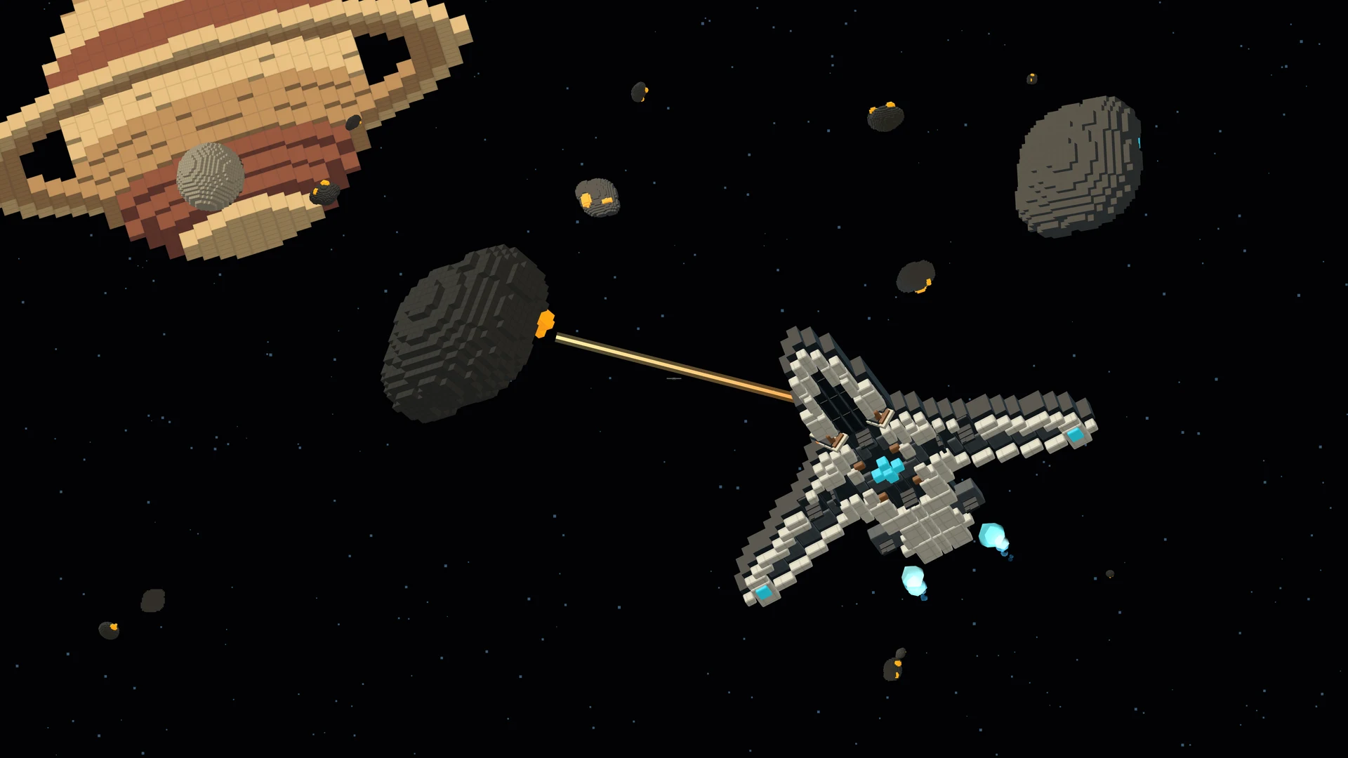 Extraction beam reaching a mineral asteroid beside a ringed gas giant