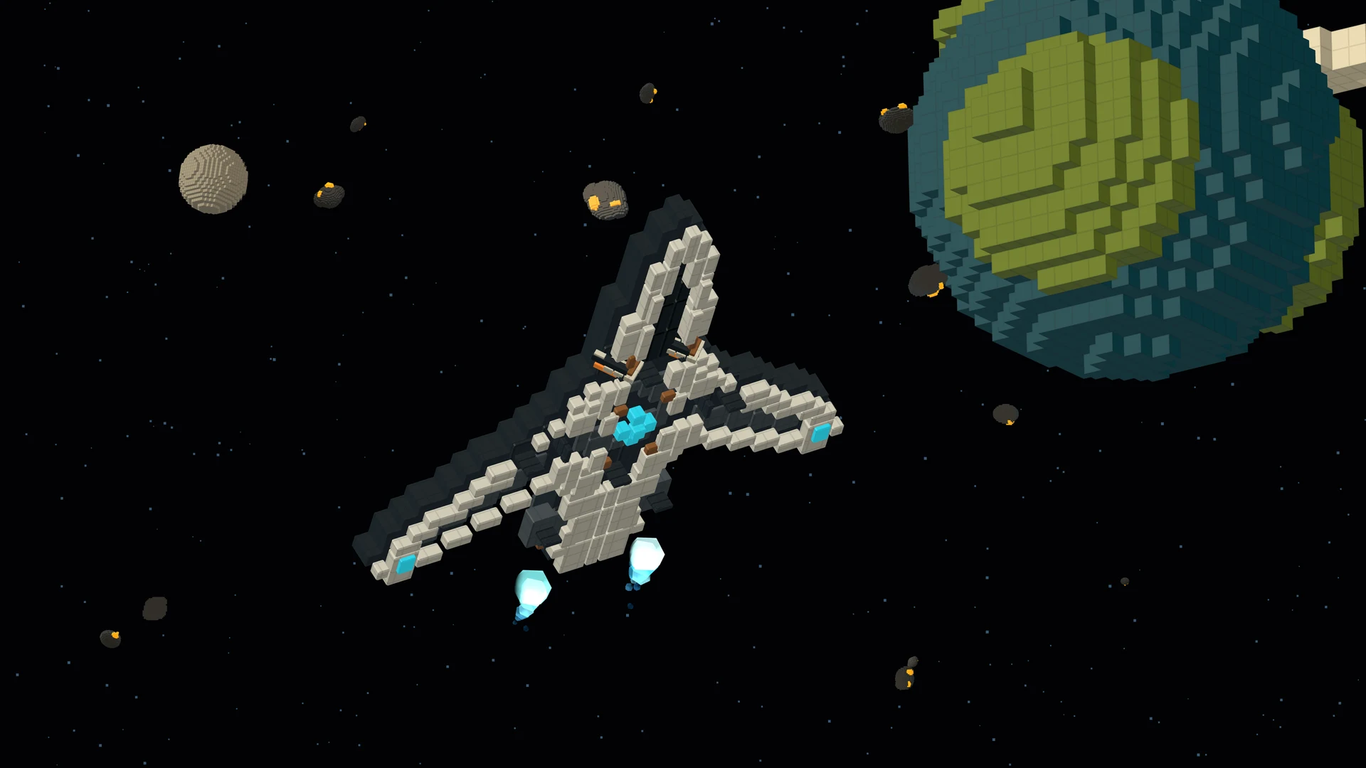 One More Sol Vanguard starfighter beside a block-sculpted ocean planet