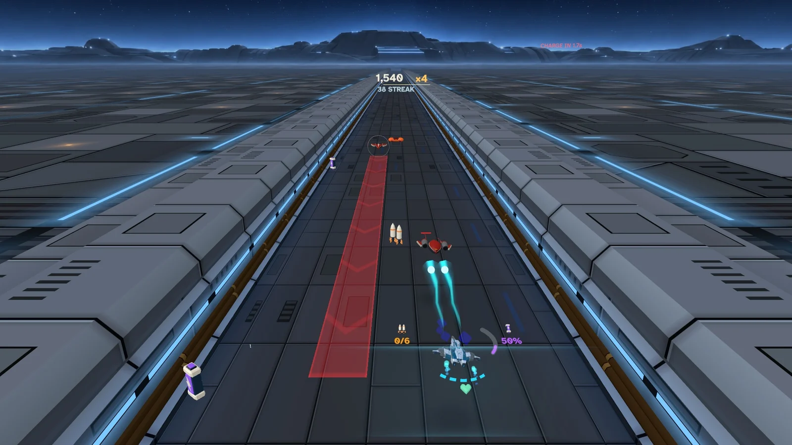 The player ship beside a red warning lane as a charger approaches