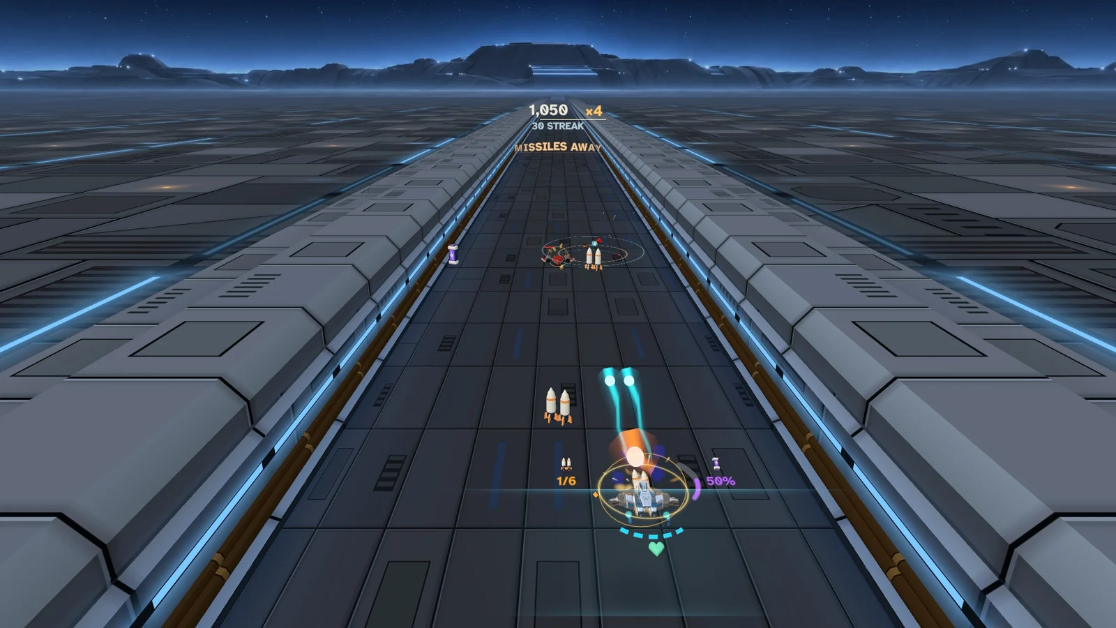 Trench Zero player ship launching missiles at locked targets on the Moon