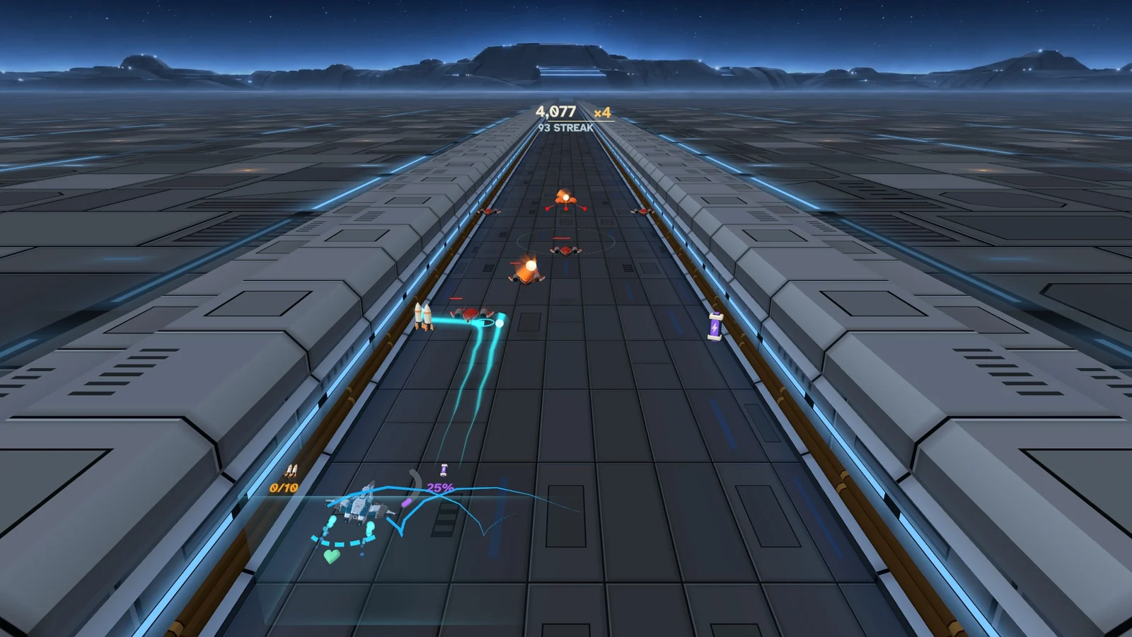 An upgraded ship firing at several locked targets in Trench Zero