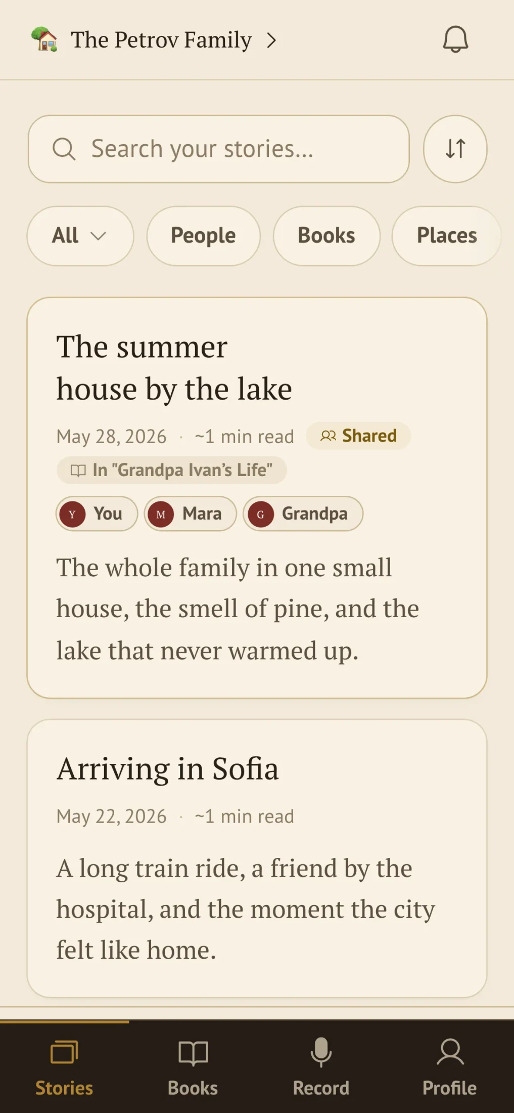 Spomen sample story library with fictional family stories